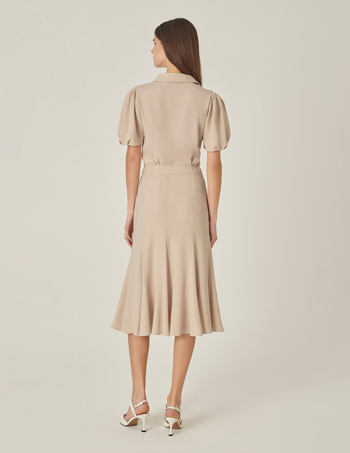 MARYLING V-Neck Puff Sleeve Waist Apricot Top