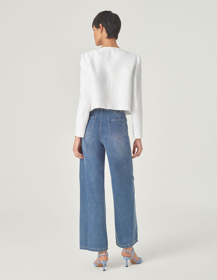 MARYLING White U-Shaped Collar Box Silhouette Short Jacket