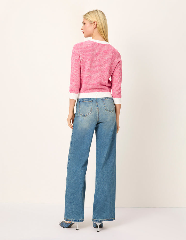 MARYLING Round Neck White Trim Long-Sleeve Knit Cardigan