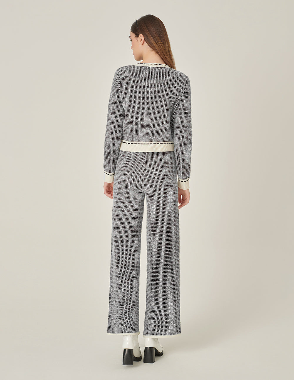 MARYLING Black & White Wool Knitted Wide-Leg Trousers
