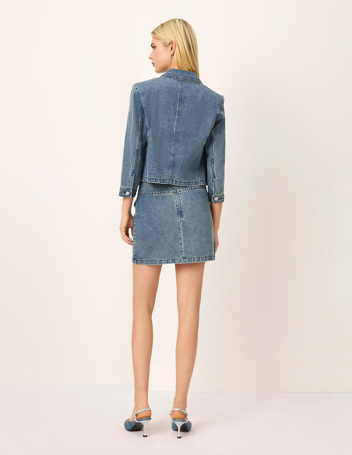 MARYLING High-Waist Front-Pockets Wash Denim Blue Skirt