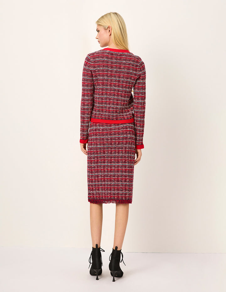 MARYLING Red & White Checkered Tweed Knee-Length Knit Straight Skirt