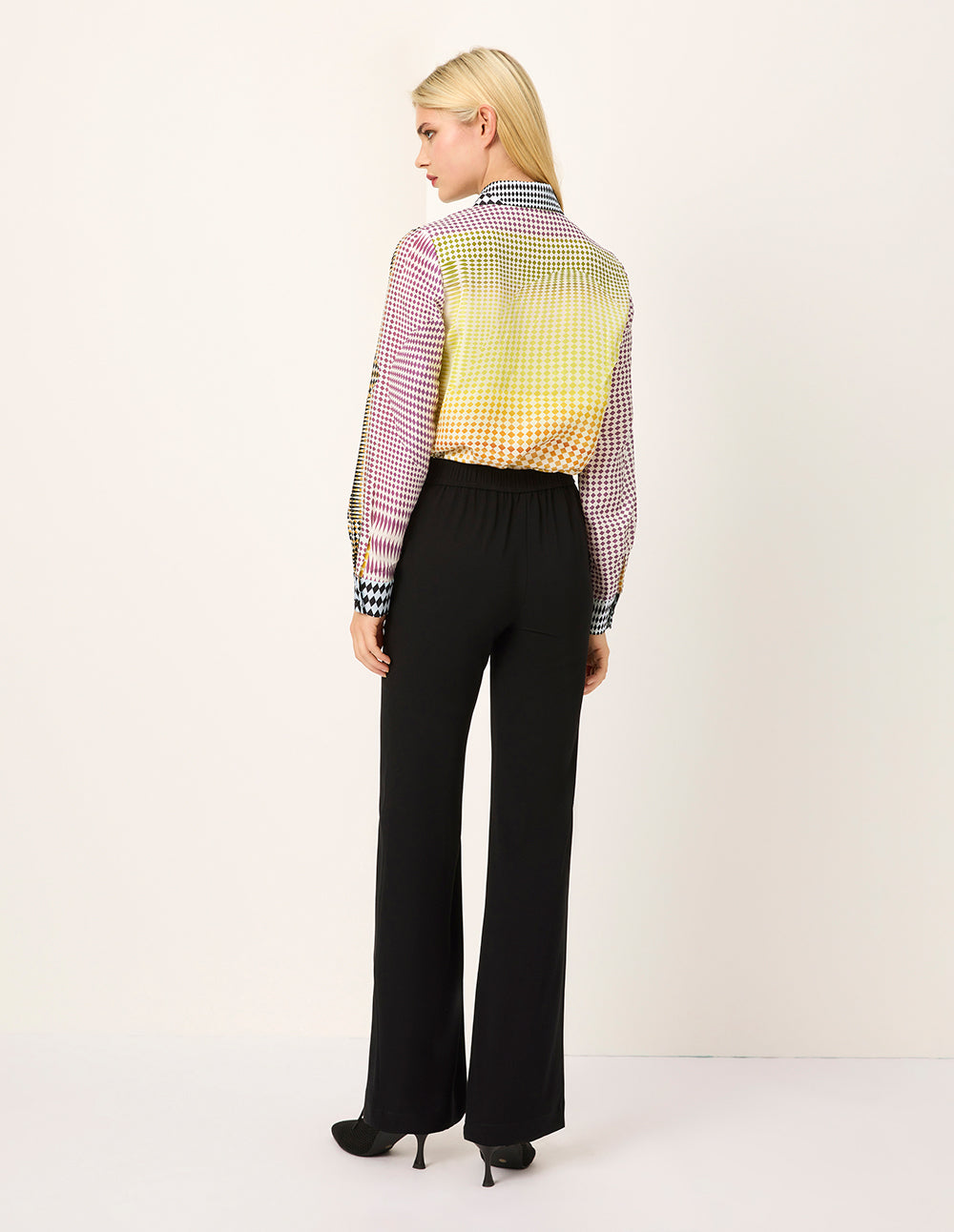 MARYLING Color Block Printed Long Sleeve Silk Blouse