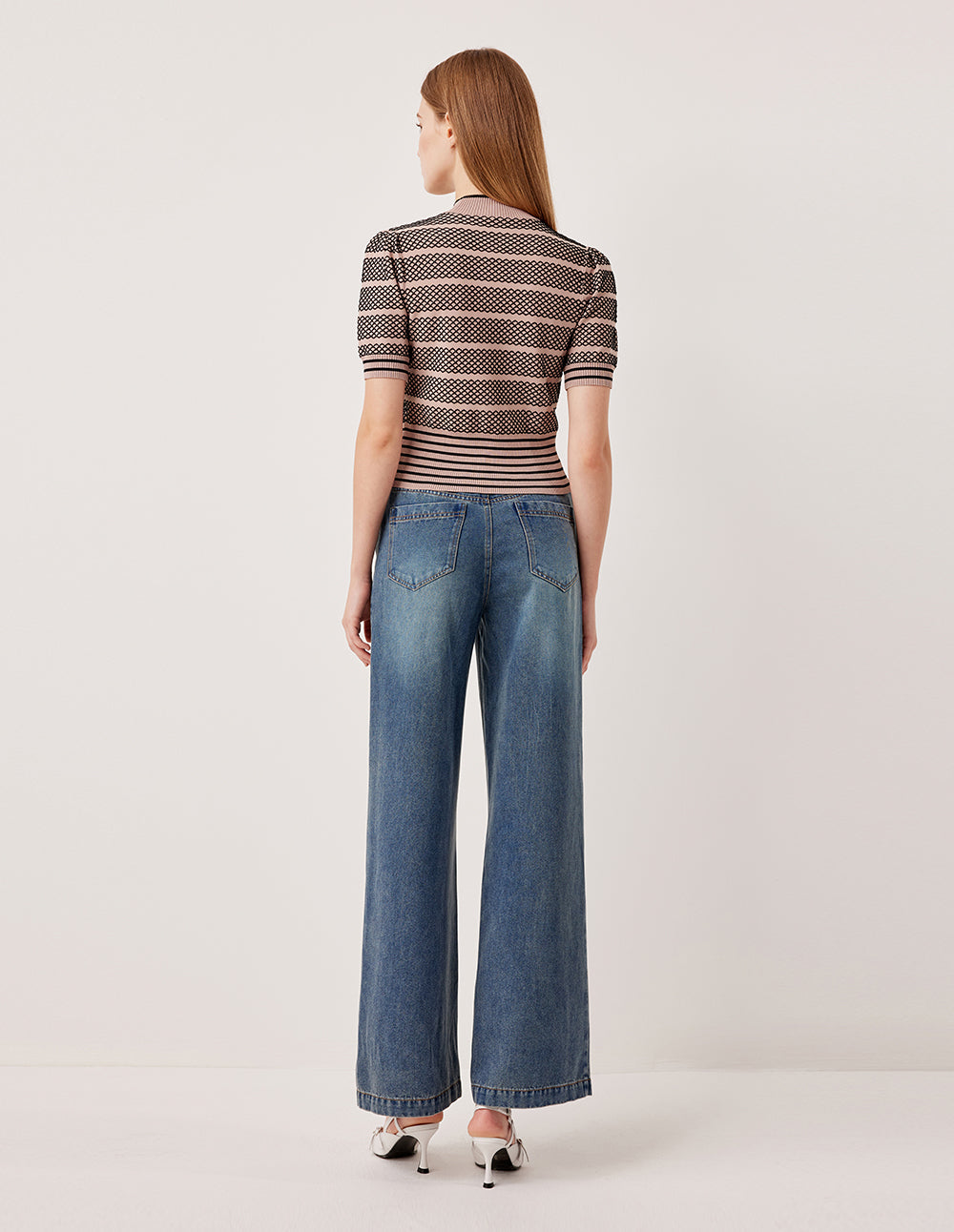 MARYLING Mock Neck Short Sleeve Lace Plaid Knit Pullover