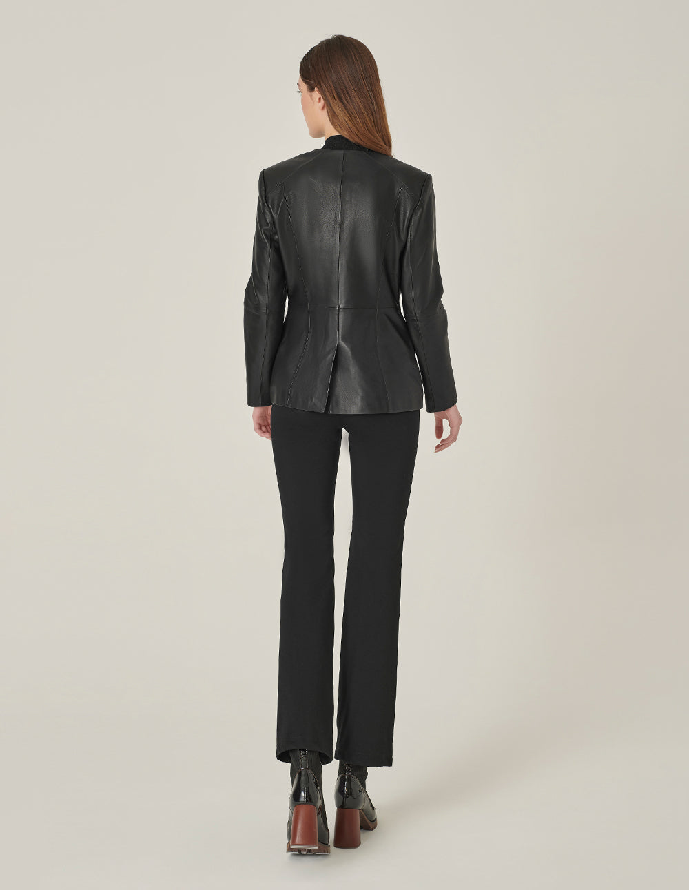MARYLING Black Collarless Lambskin Blazer With Multiple Pockets