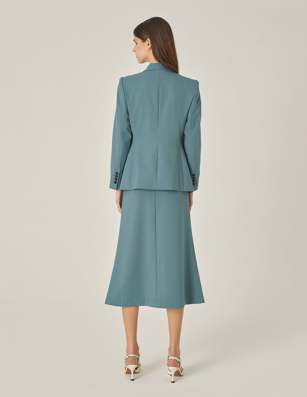 MARYLING Mist Blue Peaked Lapel Single-Breasted Waisted Blazer