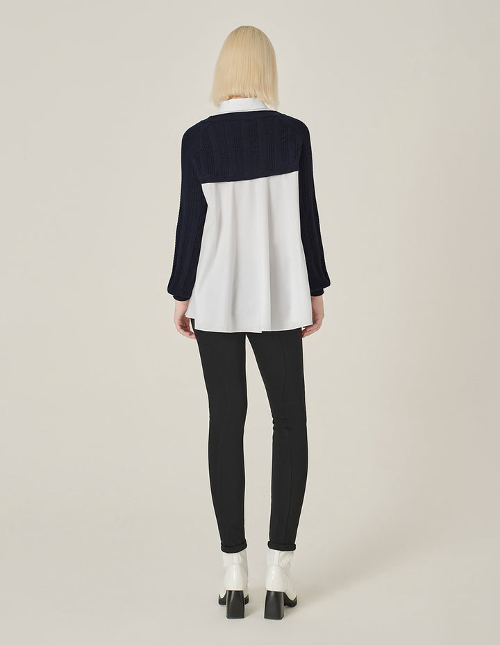 MARYLING Blue A& White Long-Sleeve Patchwork Knitted Blouse