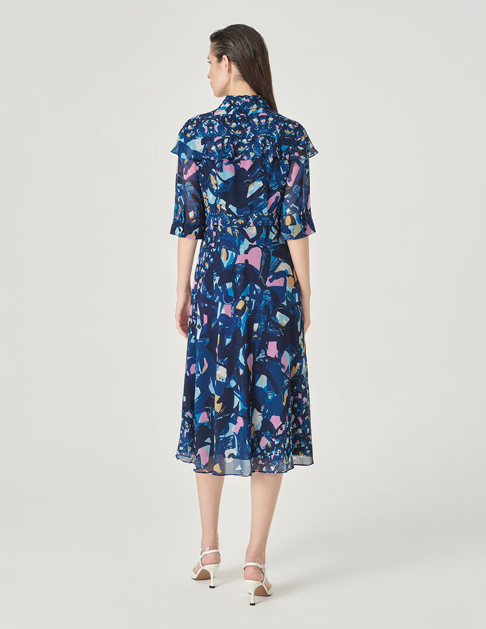 MARYLING Shirt Collar Printed Short Sleeves Midi Shirt Dress