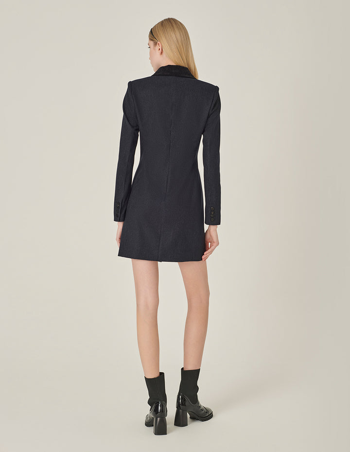 MARYLING Navy Striped Double-Breasted Long Trench Blazer