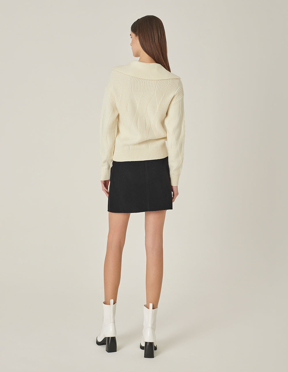 MARYLING Lapel Collar Long-Sleeve Cream-Colored Knitted Pullover