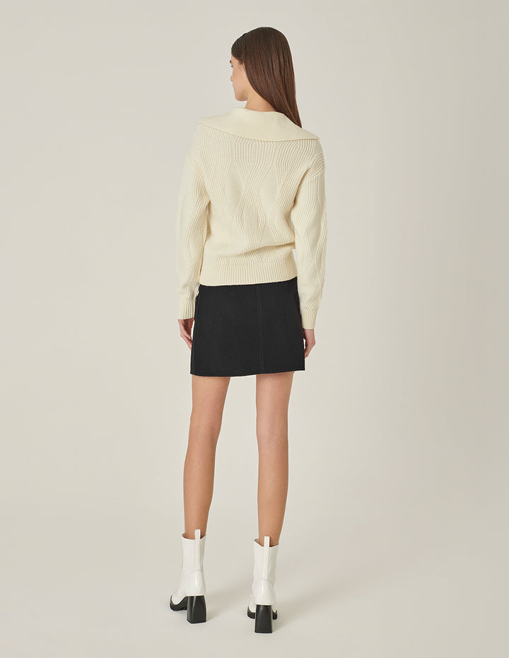MARYLING Lapel Collar Long-Sleeve Cream-Colored Knitted Pullover