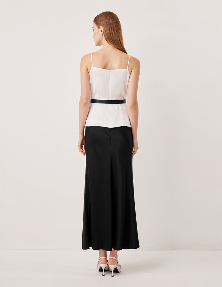 MARYLING Sleeveless Black White Color-Block Pleated Satin Slip Dress