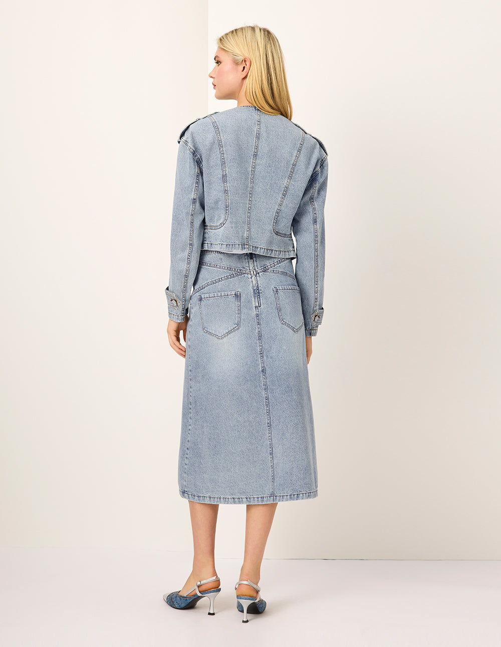 MARYLING Round-Neck Diagonal-Breasted Washed Denim Biker Jacket