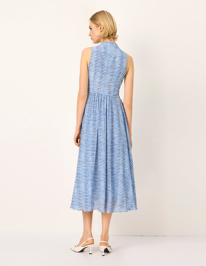 MARYLING V-Neck Belted Sleeveless Striped Pleated Midi Dress