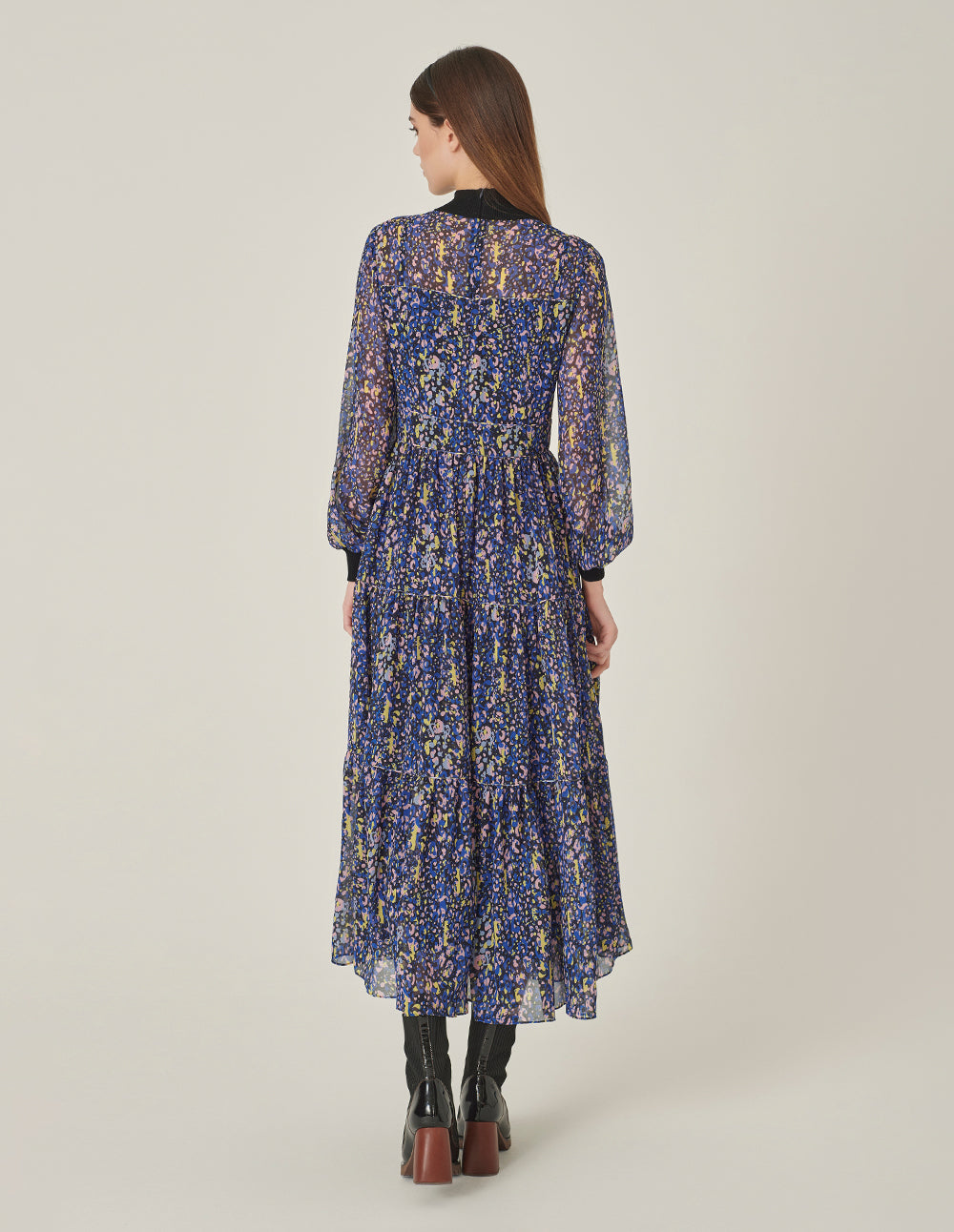 MARYLING Stand Collar Georgette Printed Pleated Mid-Length Dress