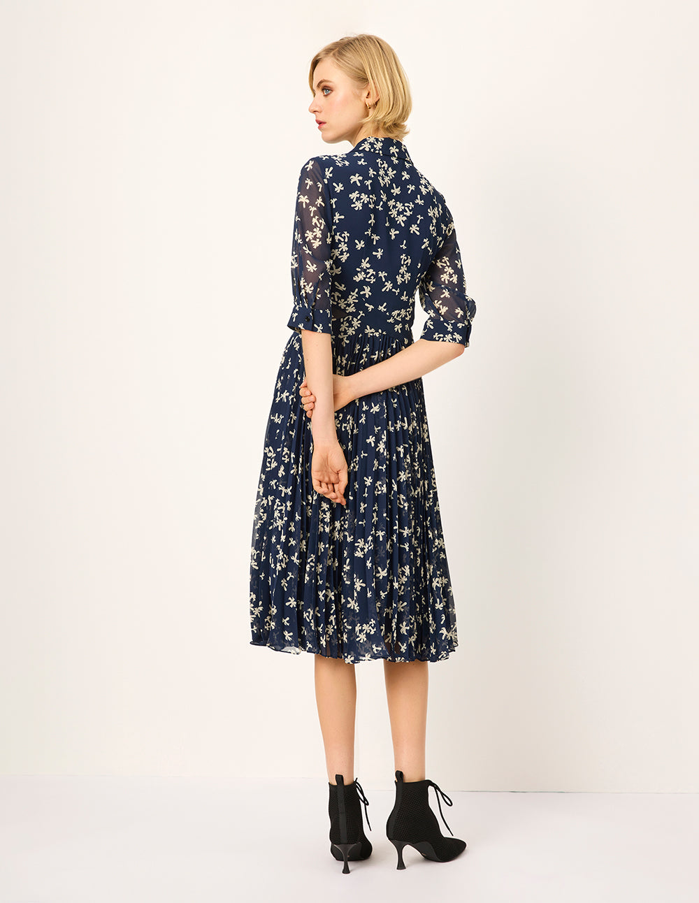 MARYLING Shirt Collar Short-Sleeve Empired-Waist Flora Printed Pleated Midi Dress