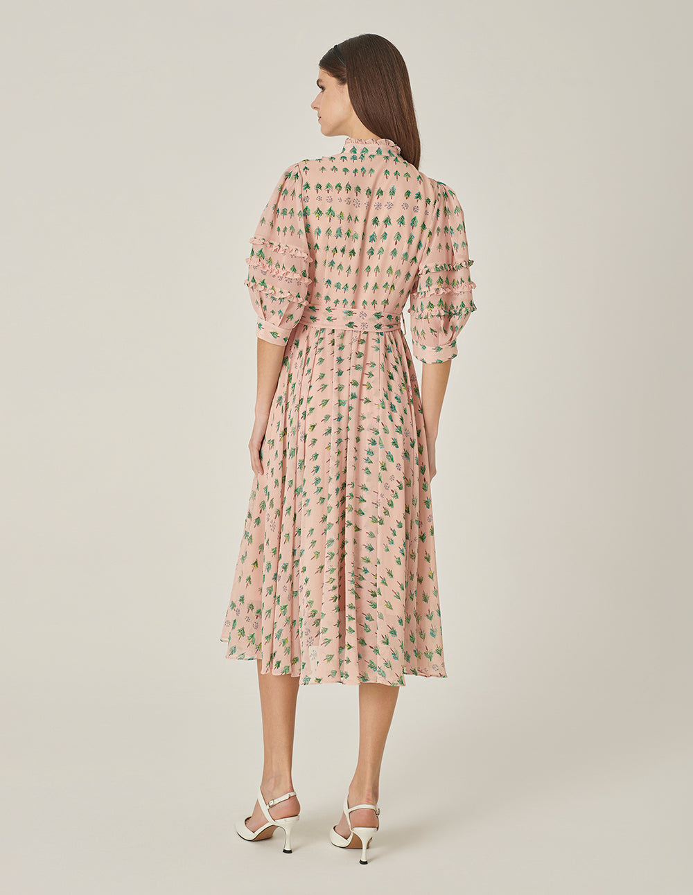 MARYLING Small Stand Collar Puff Sleeve Tree-Printed Dress