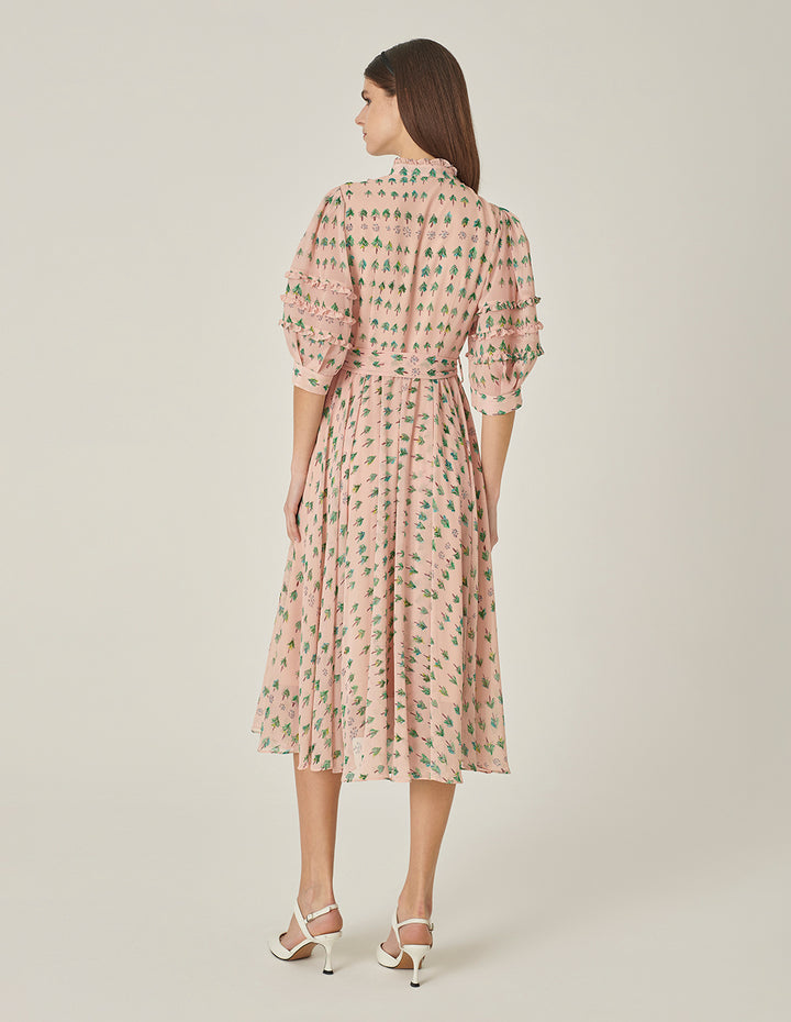 MARYLING Small Stand Collar Puff Sleeve Tree-Printed Dress