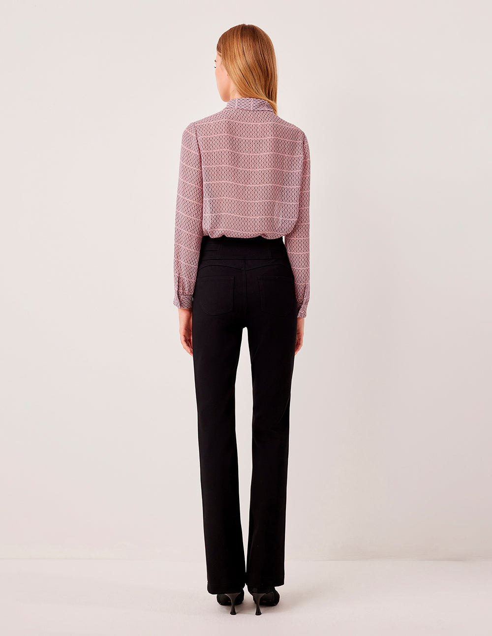 MARYLING Lapel Bow-Tie Long Sleeve Plaid Sheer Blouse