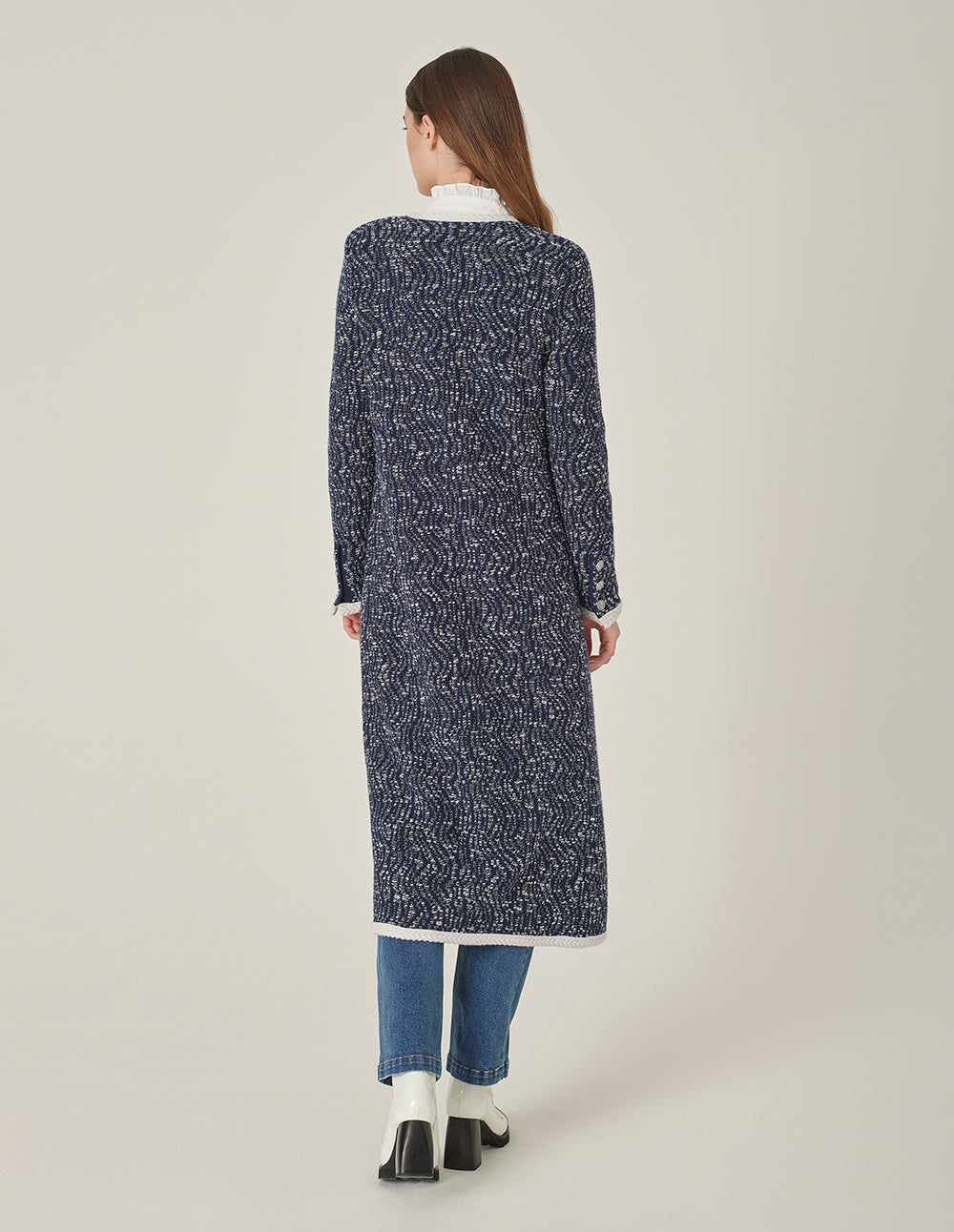 MARYLING V-Neck Long-Sleeve Straight Tweed Knitted Long Cardigan Jacket