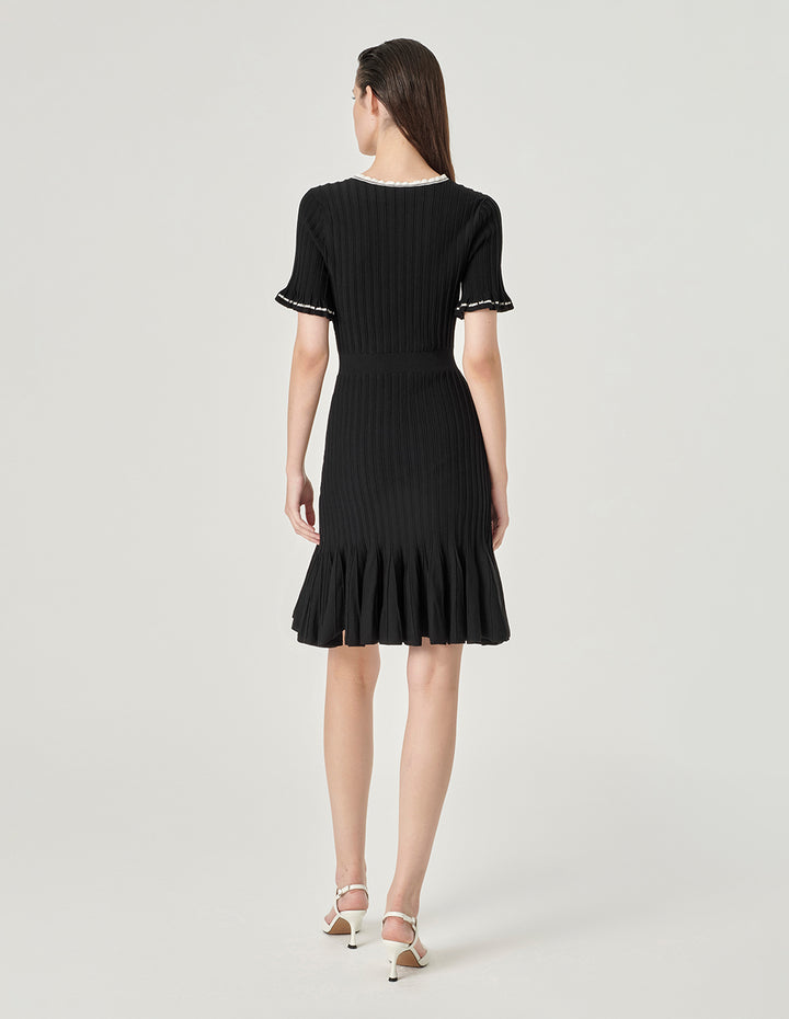 MARYLING Contrast Colour V-Neck Short-Sleeve Knitted Dress