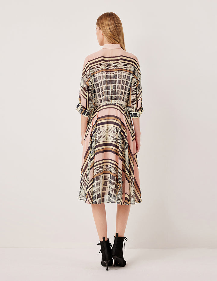 MARYLING Collared Long Sleeve Belted Geometric Print Pleated Midi Shirt Dress