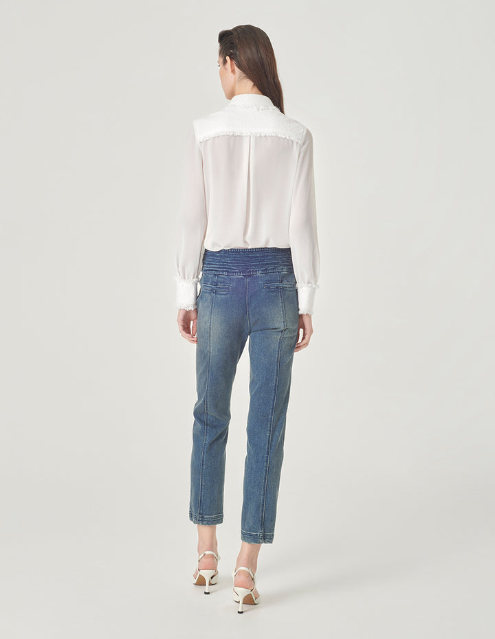 MARYLING White Frayed Edge Georgette Shirt Collar Blouse