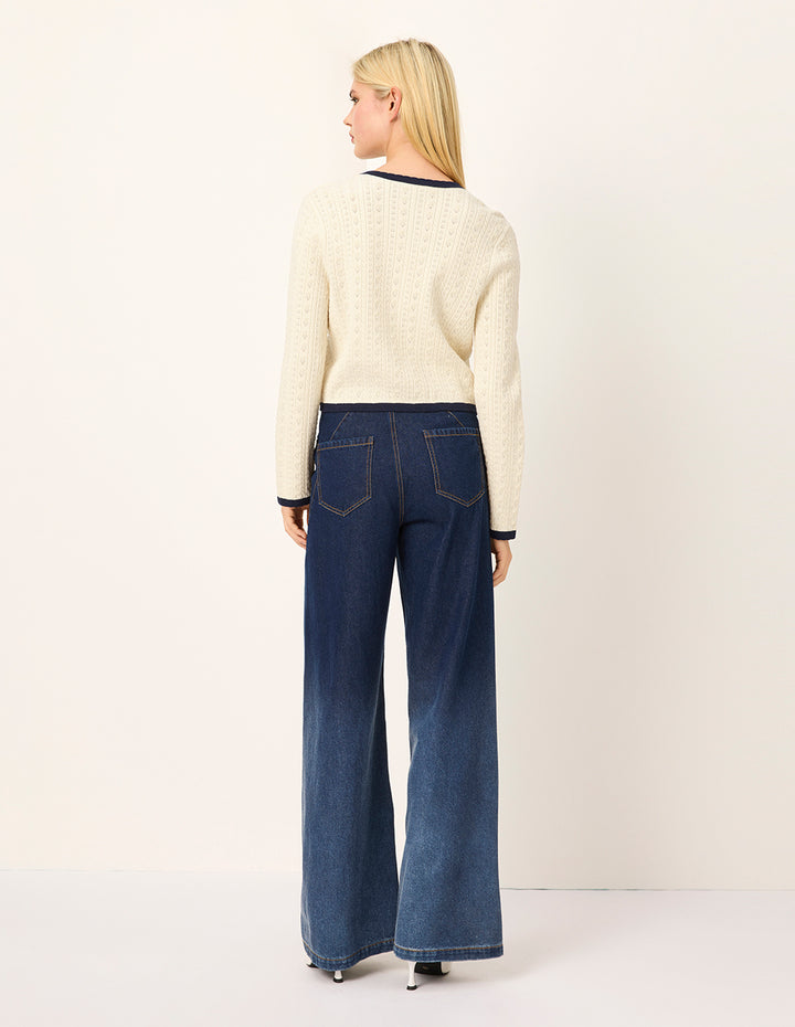 MARYLING Round-Neck Long-Sleeve Black Stripe Trim knitted cardigan