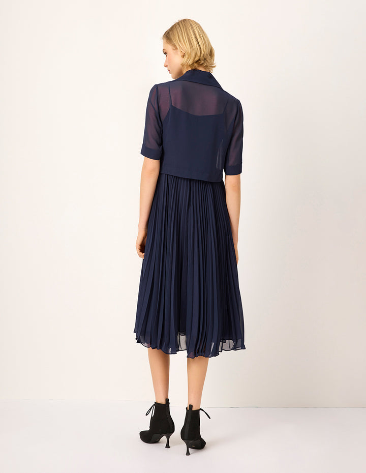 MARYLING Structured Collar Double-breasted Trench-Inspired Faux Two-Piece Pleated Midi Dress