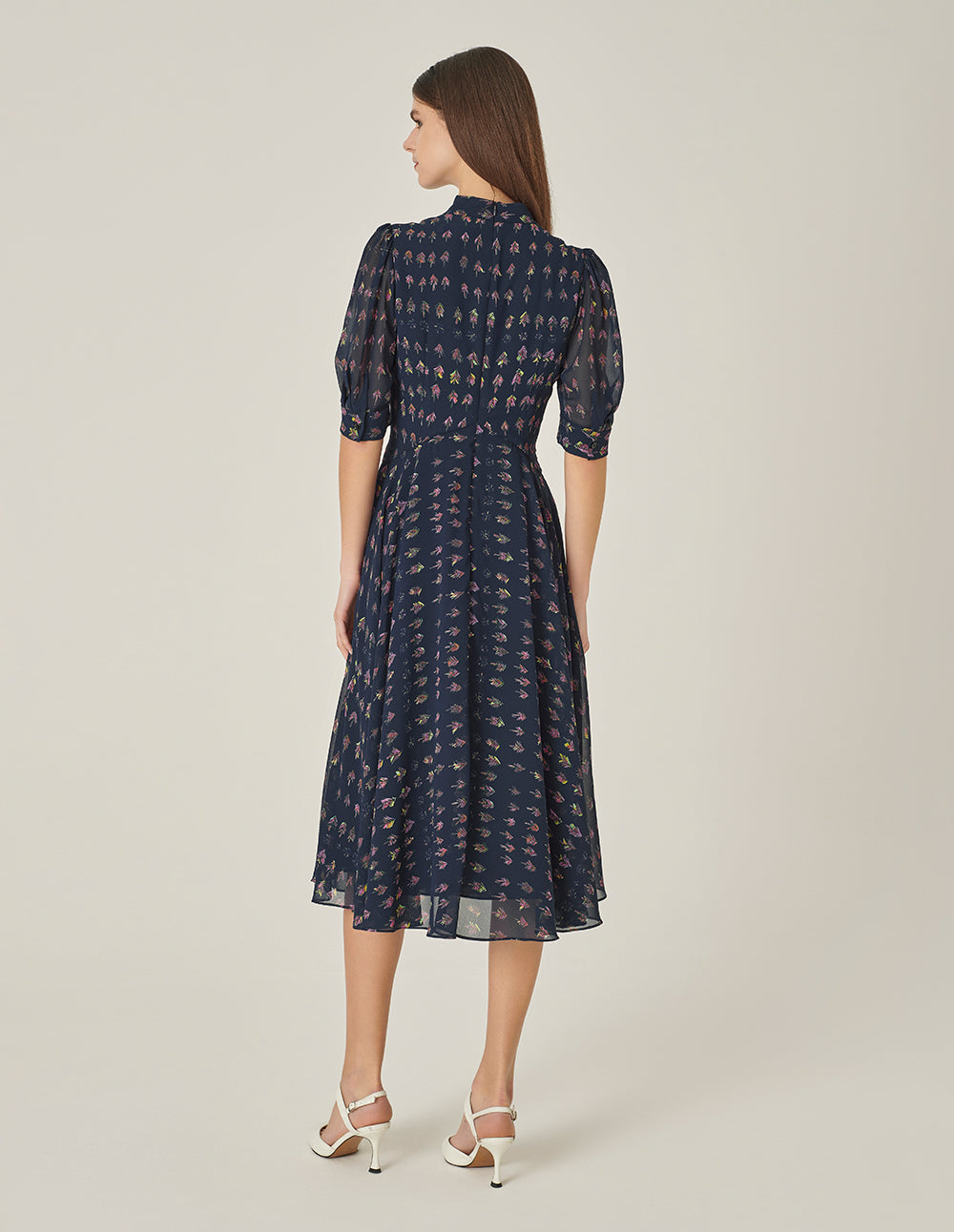 MARYLING V-Neck Ribbon Tree-Printed Blue Dress