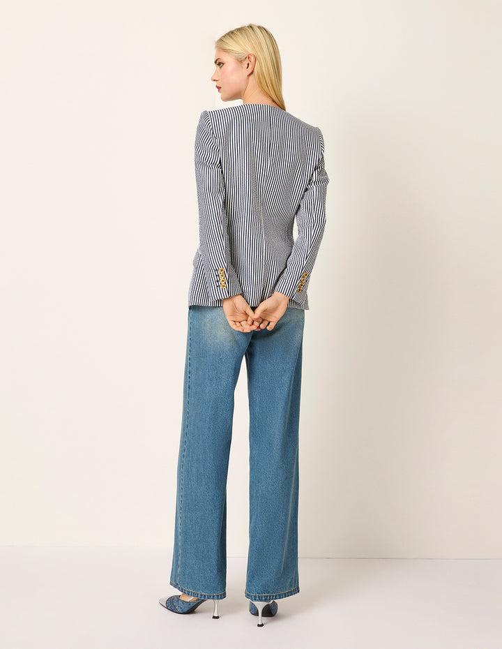 MARYLING V-Neck Long-Sleeve Double-Breasted Striped Wrap Blazer