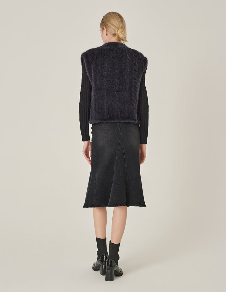 MARYLING Smoke Black Washed Denim Fishtail Knee-Length Skirt