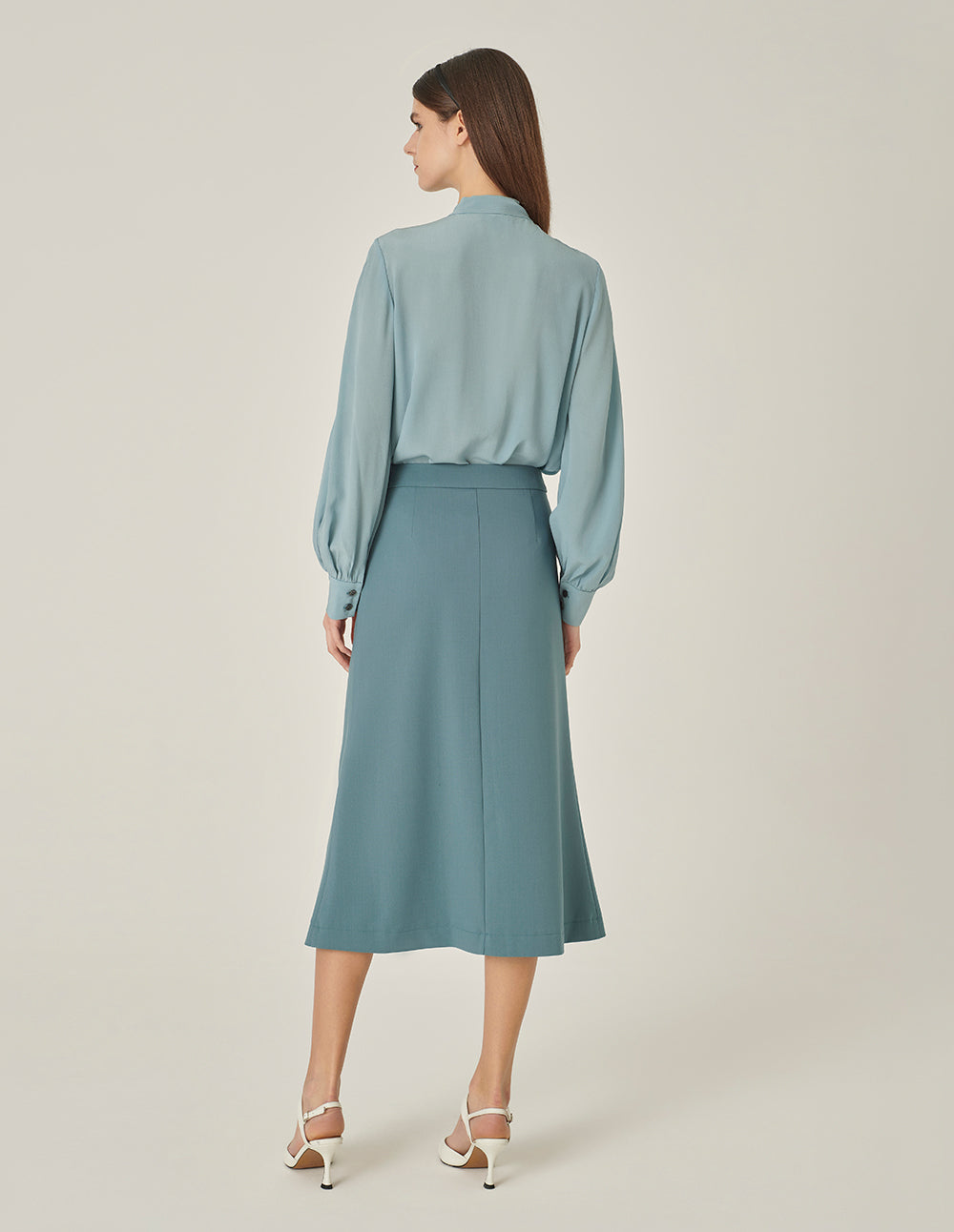 MARYLING Mist Blue Mid-Front Slit Knee-Length A-Line Skirt
