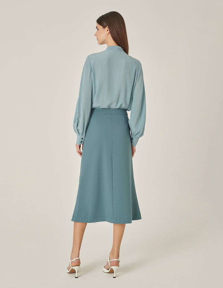 MARYLING Mist Blue Mid-Front Slit Knee-Length A-Line Skirt