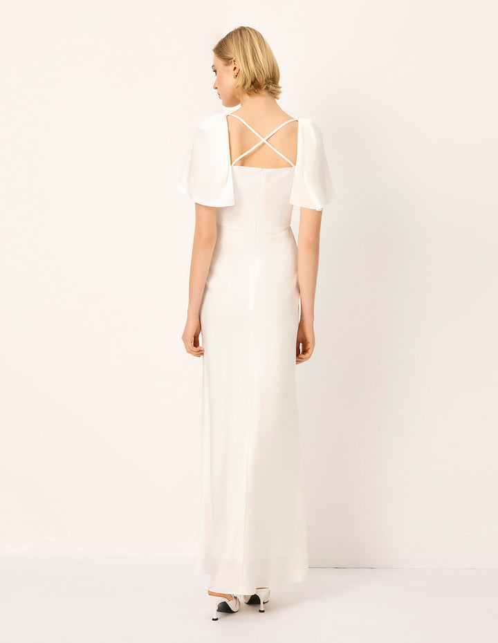 MARYLING V-Neck Flared Short-Sleeves Gathered Backless Satin White Evening Gown Dress