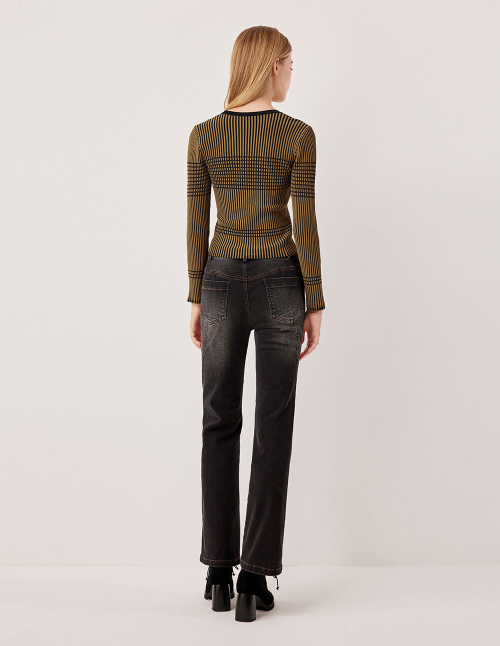 MARYLING Slim Fit Round Neck Black Stripe Long Sleeve Knit Pullover