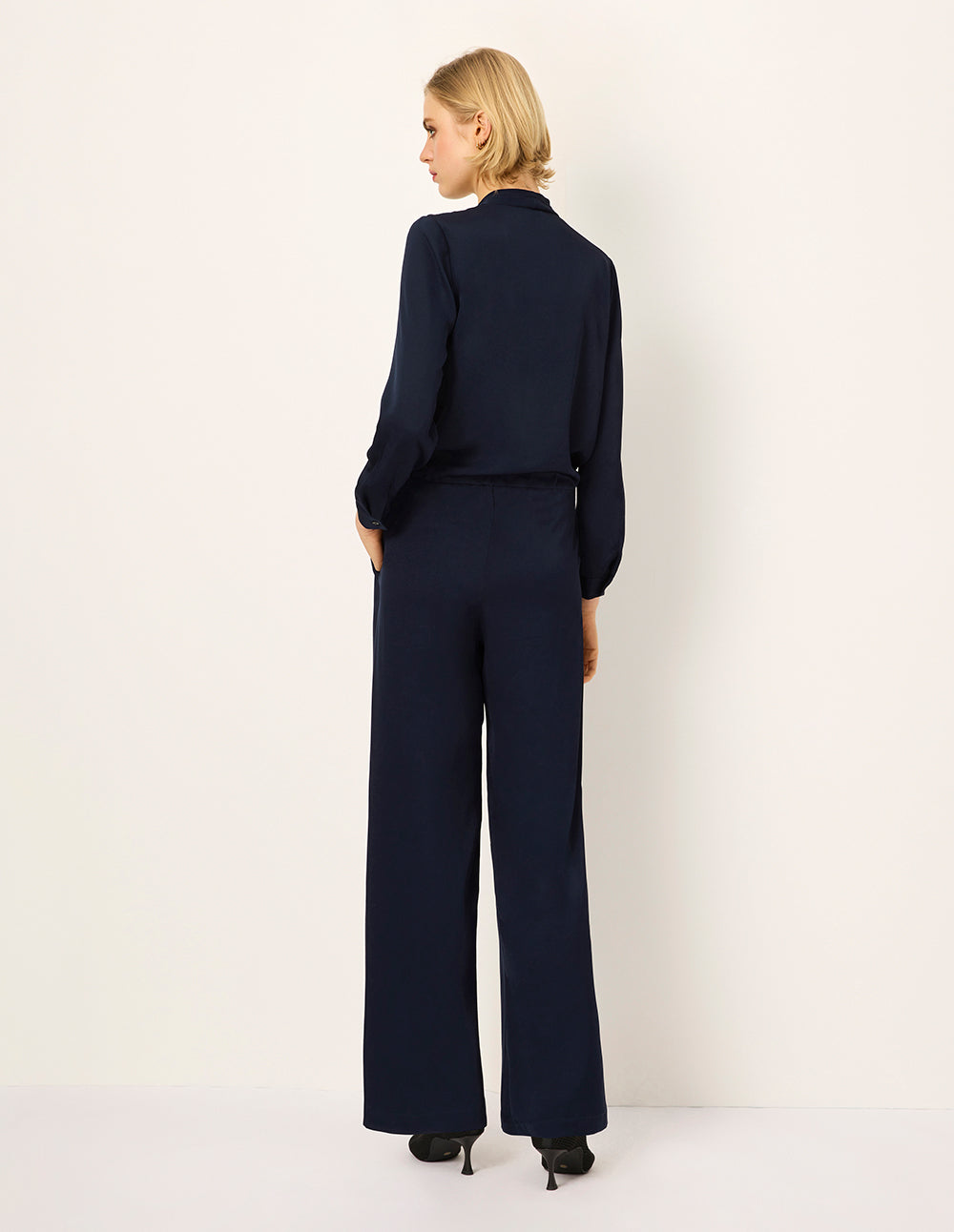 MARYLING Dark Blue Elastic Waist Straight Wide Leg Pants