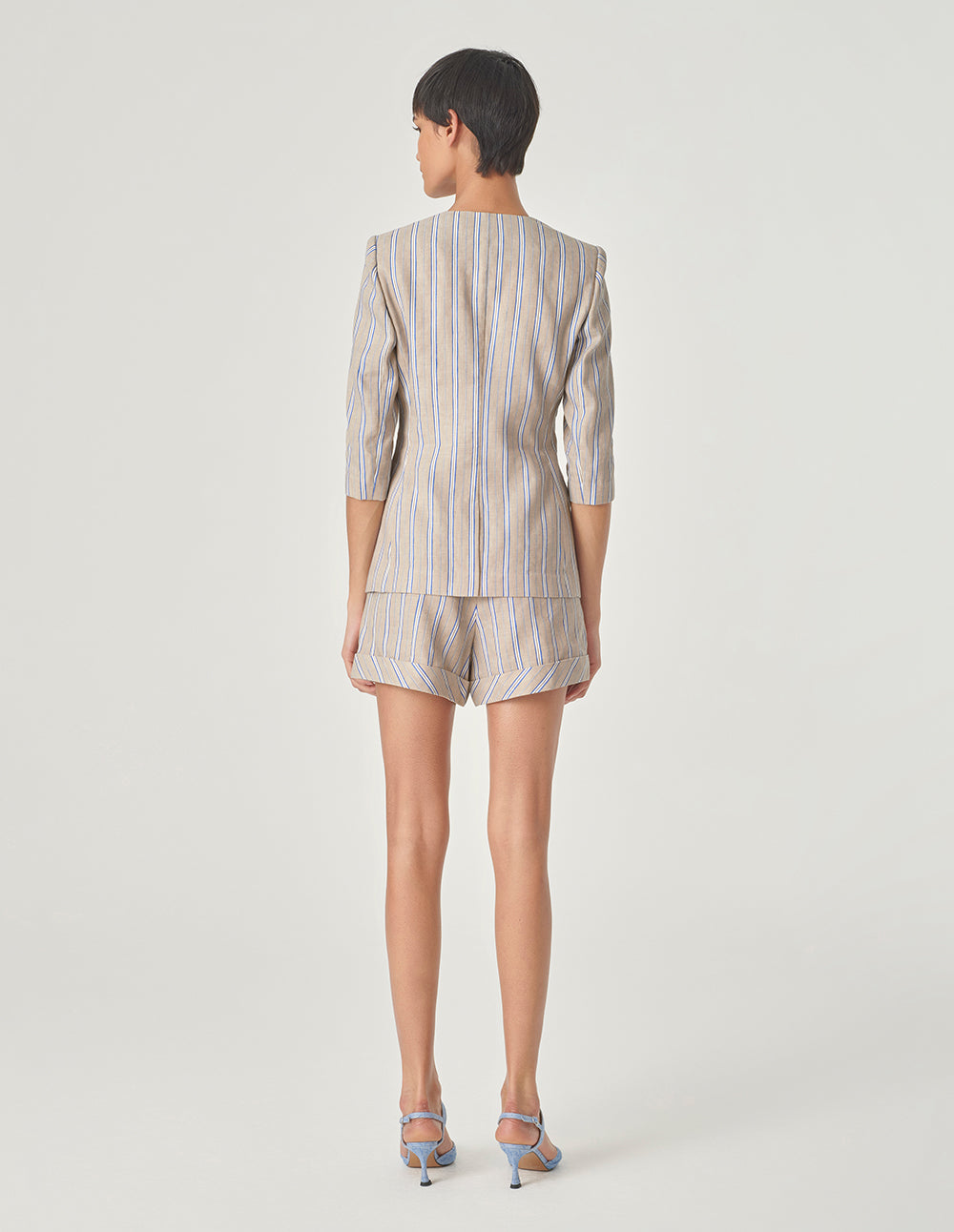 MARYLING Striped Collarless Mid-Length Sleeve Blazer