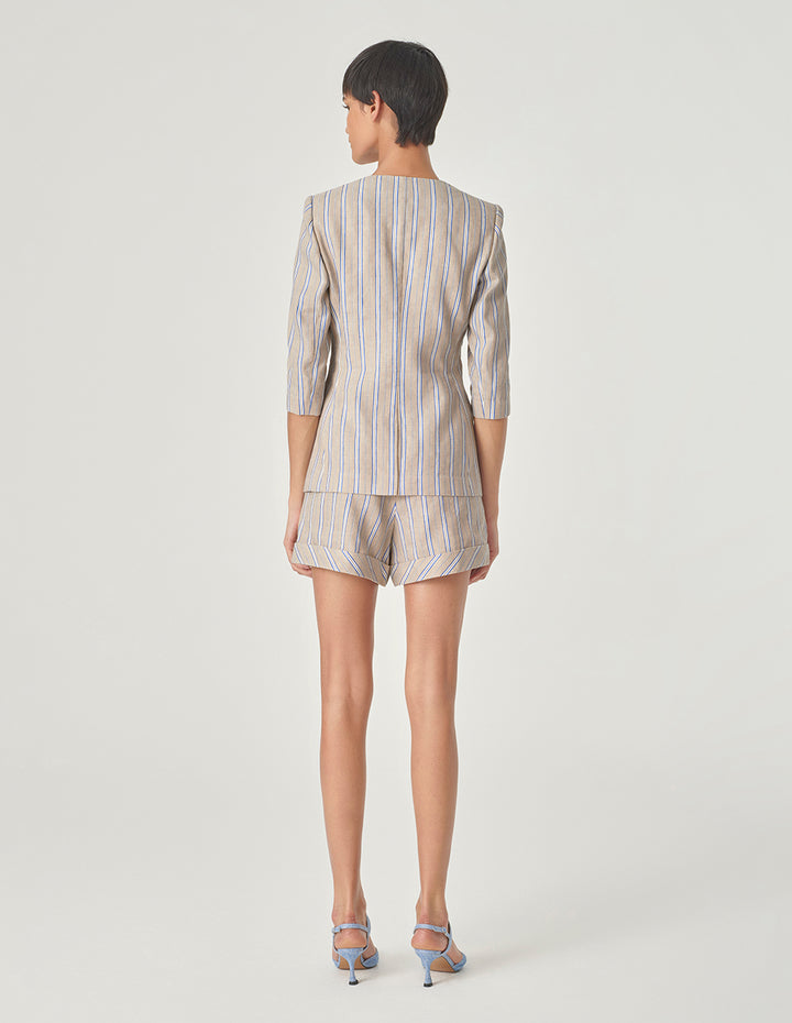 MARYLING Striped Collarless Mid-Length Sleeve Blazer