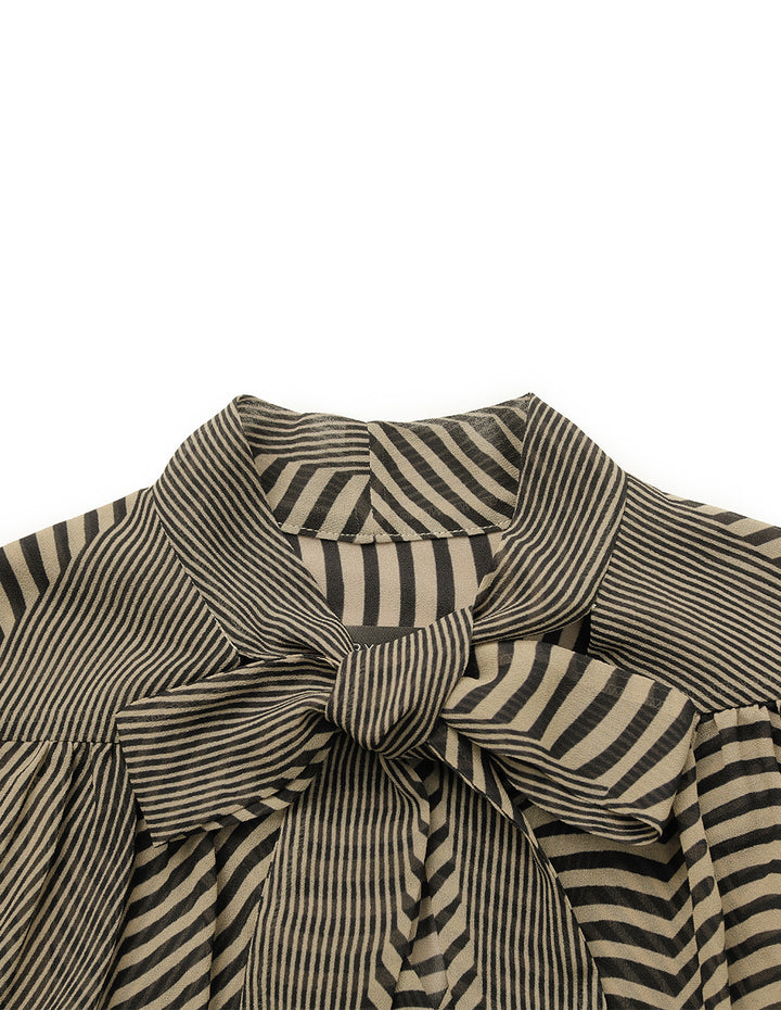 MARYLING Black Striped Collared Tie-Front Blouse