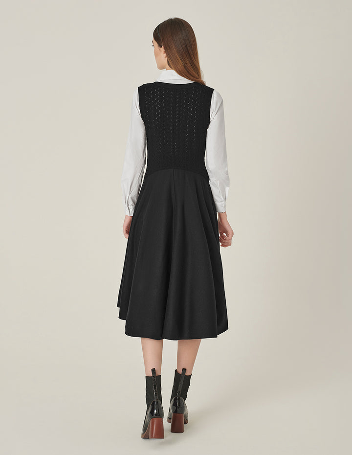MARYLING Black & White Patchwork Midi Pleated Shirt Dress
