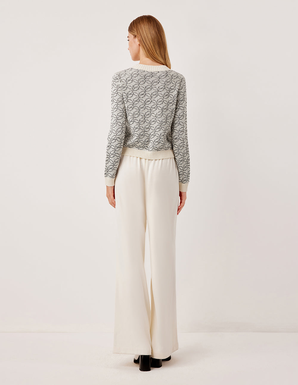 MARYLING Ribbed Round Neck Long Sleeve Printed Wool Knit Cardigan