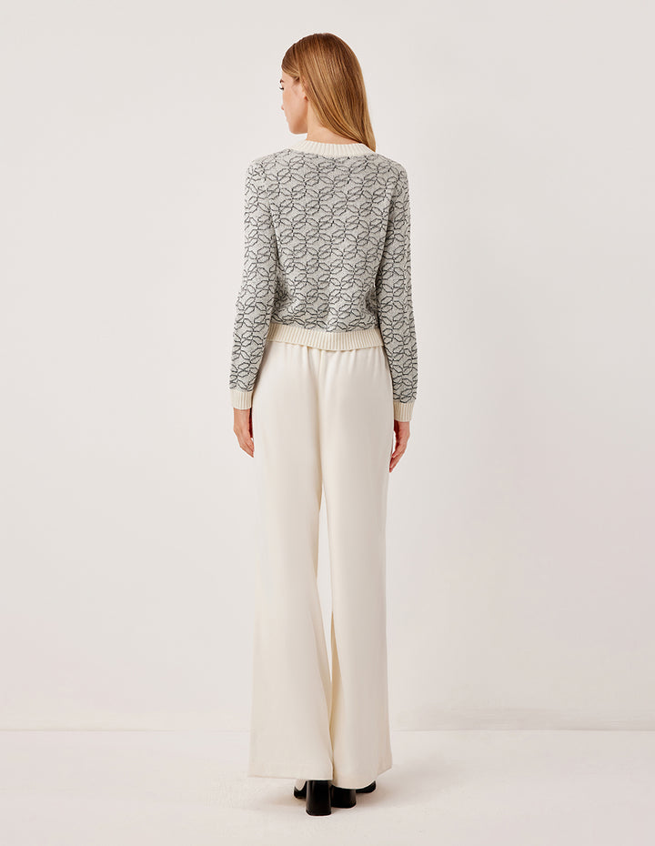 MARYLING Ribbed Round Neck Long Sleeve Printed Wool Knit Cardigan