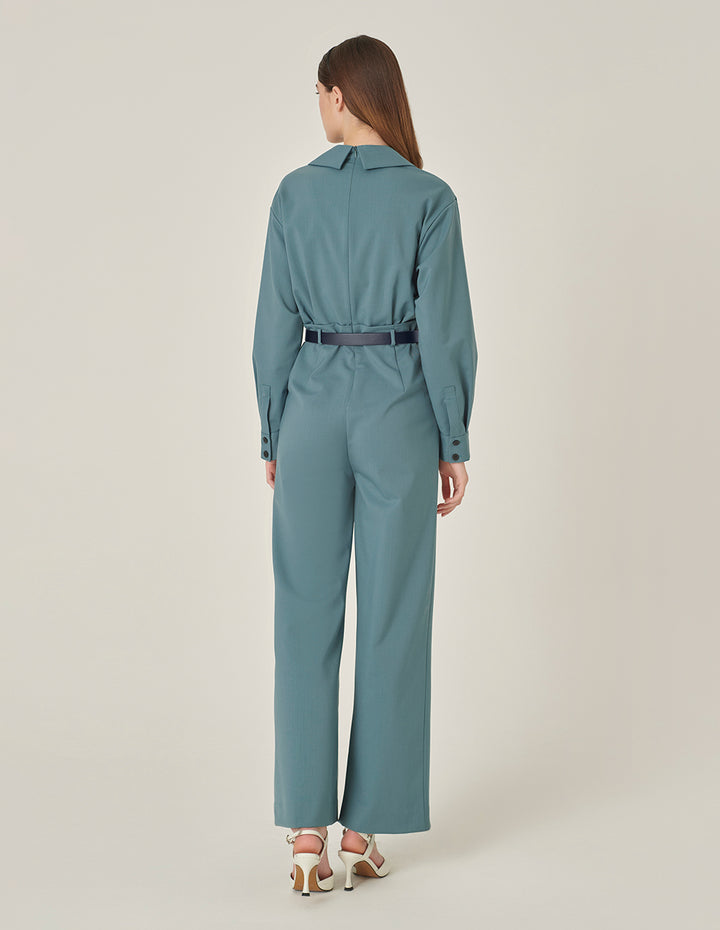 MARYLING Mist Blue Deep V Shirt Collar Wide Leg Jumpsuit