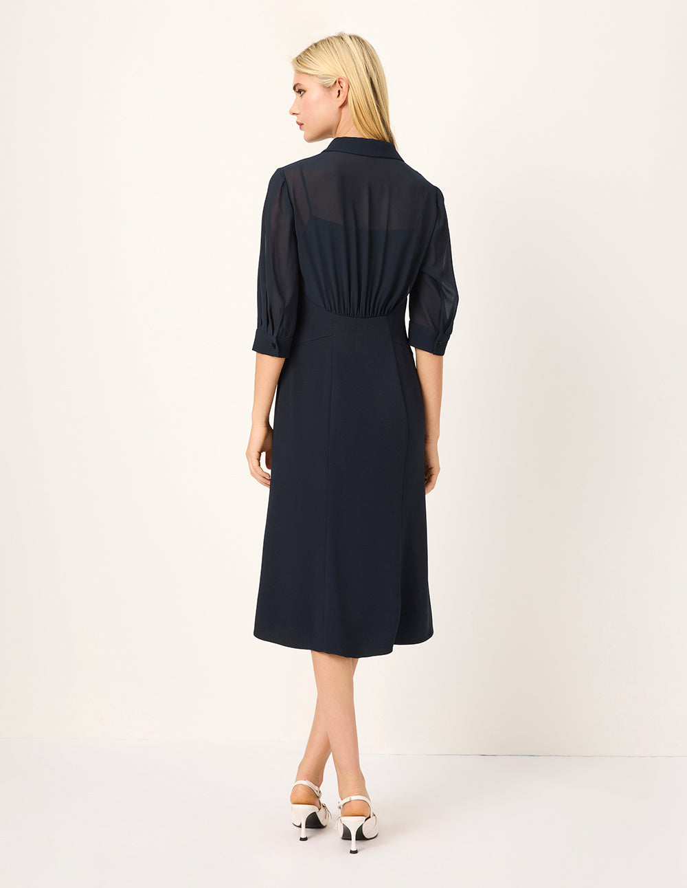 MARYLING Spliced Transparent Georgette Half-Sleeve Midi Shirt Dress