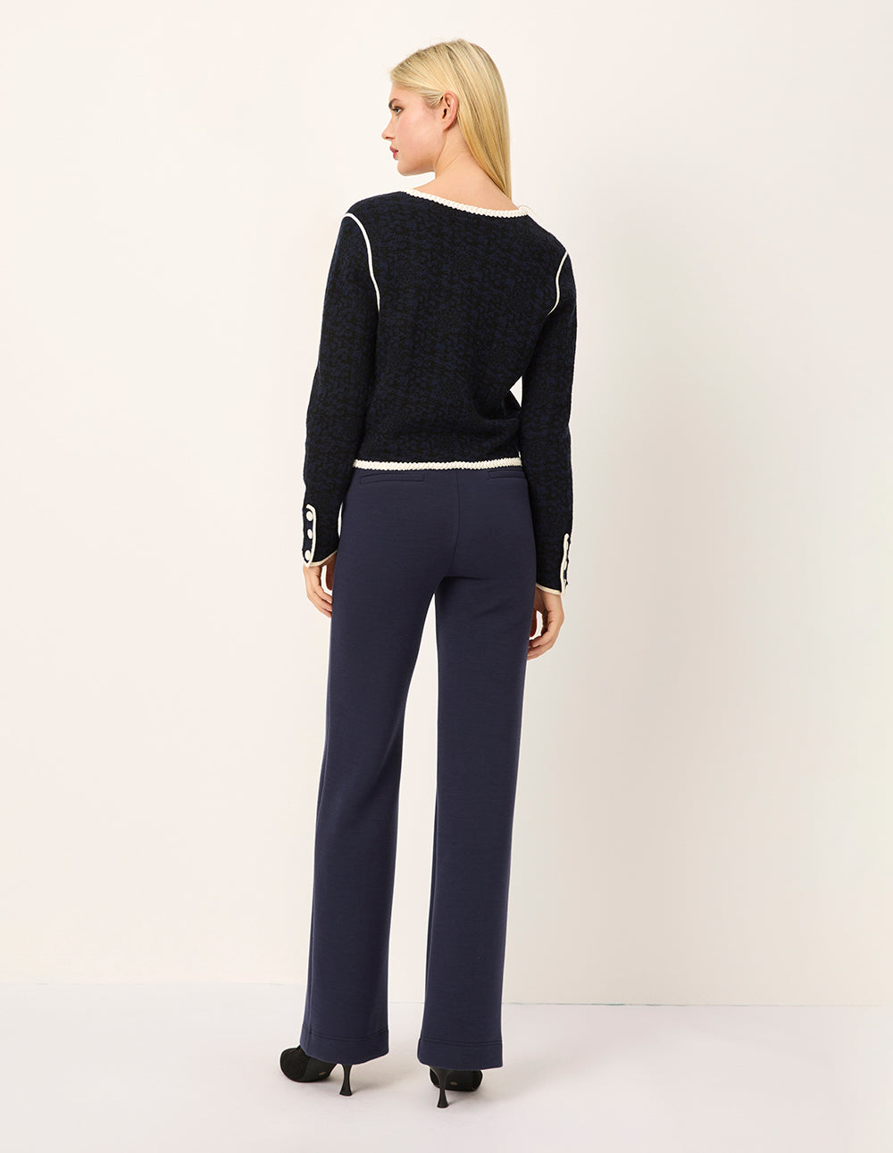 MARYLING V-Neck White Trim Double-Breasted Long-Sleeve Knit Cardigan