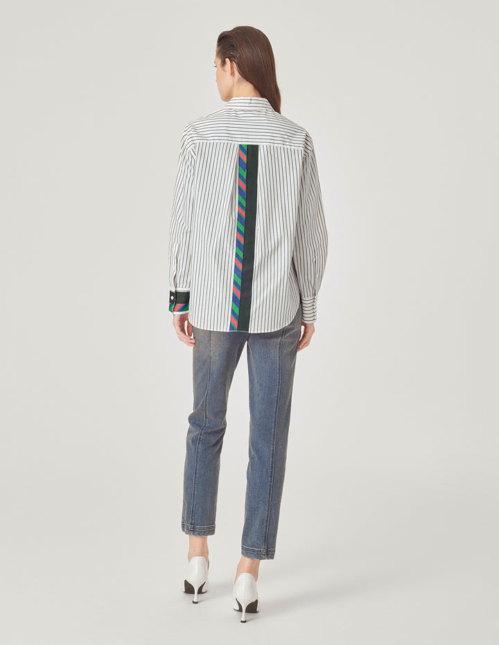 MARYLING Pinstriped Colorful Webbing Cotton Blouse