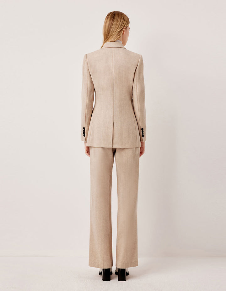MARYLING Beige Slim Fit Wide Leg Full Wool Straight Pants