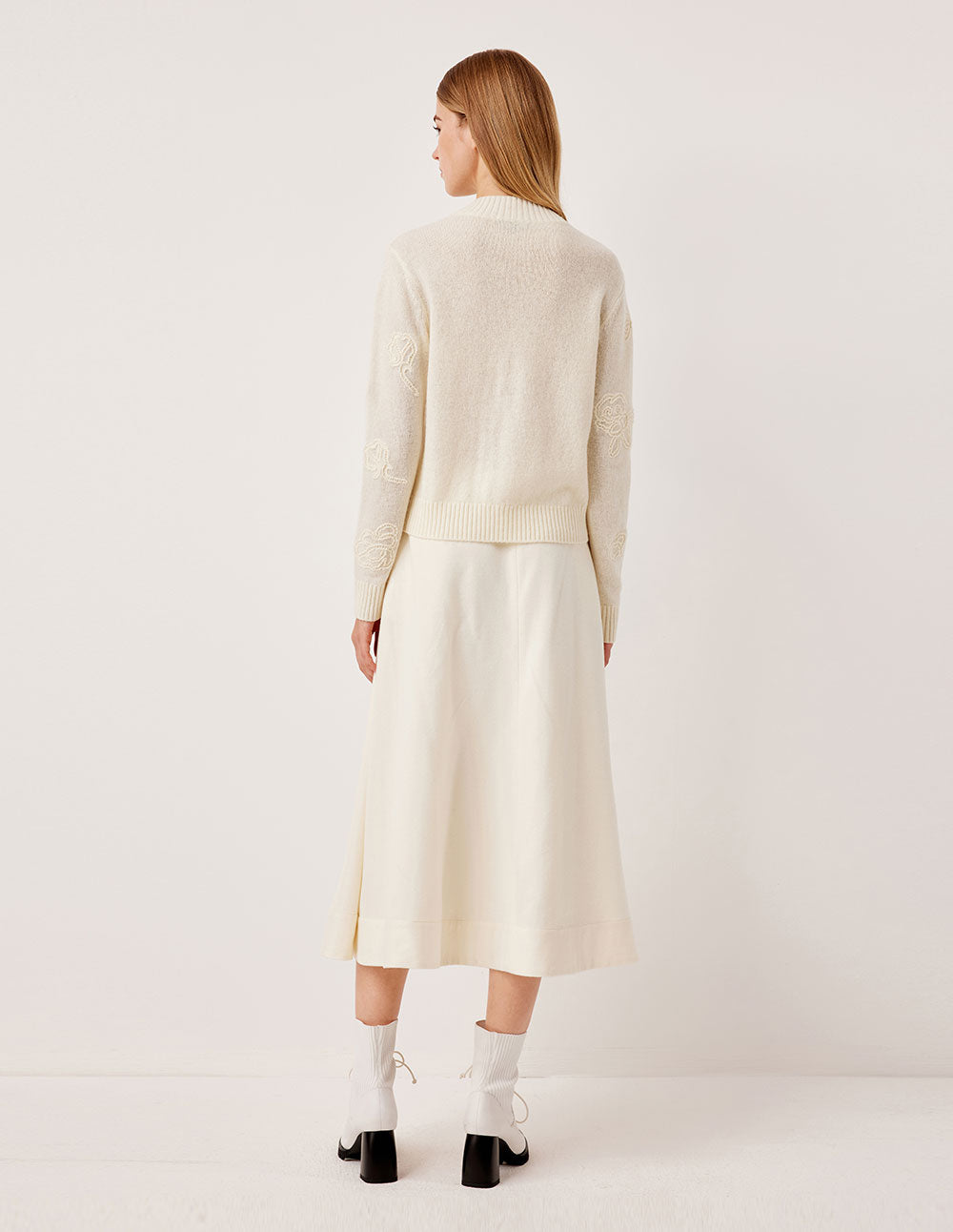 MARYLING Ribbed Round Neck Merino Wool Off-White Jacquard Pullover Sweater