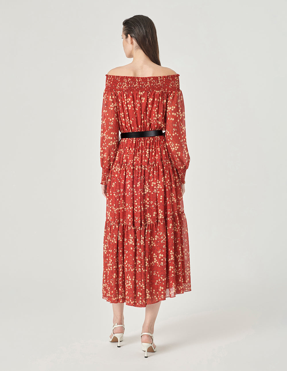 MARYLING Bateau Collar Printed Long Sleeve Dress